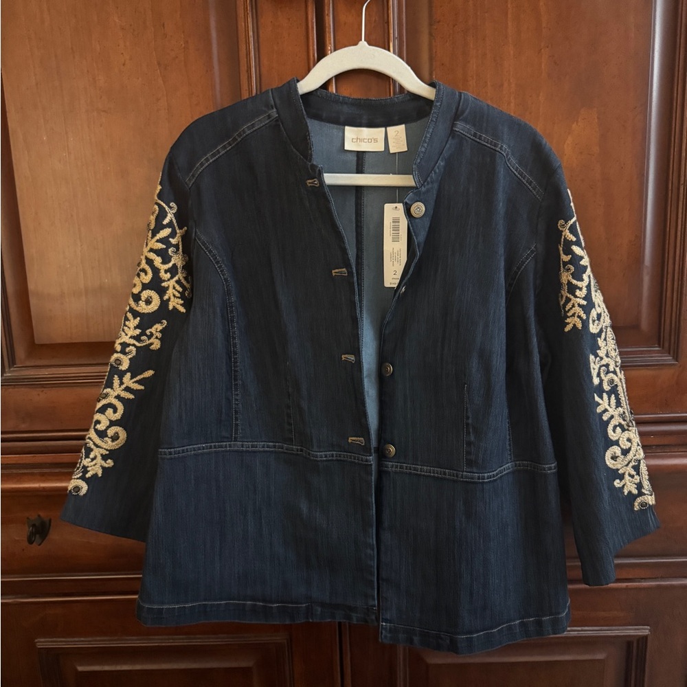 Chico's Dark Blue Jacket with Cream Embroidery NWT